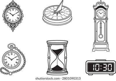 Time and Clock Icon Set with Wall Clock Compass Hourglass Grandfather Clock and Digital Alarm