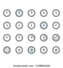 Time and clock icon and symbol set in outline design