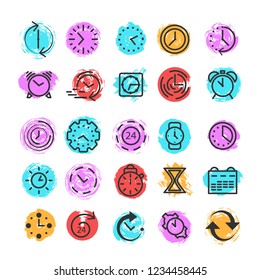 Time and clock icons. Alarm clock and stopwatch elements. Set of black thin line icons on color background. Vector illustration.