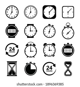 Time And Clock Icons. Clocks Icon Collection Design. Vector Linear Icon Set Illustration.