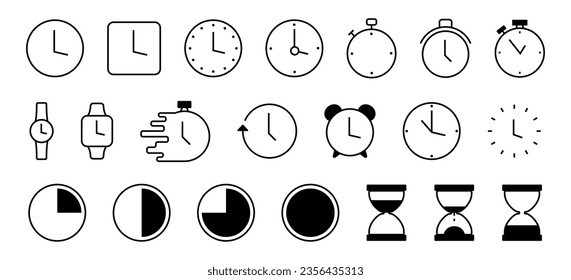 Colección de iconos del reloj de hora. Mira, tiempo, cronómetro, iconos del reloj. Juego de iconos negros por tiempo