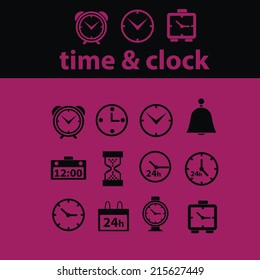 time, clock icons, illustrations, signs, silhouettes set, vector