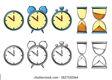 Iconos de hora y reloj. Colección de iconos aislados en fondo blanco