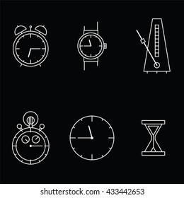 Time and Clock icons on black background. Vector illustration.