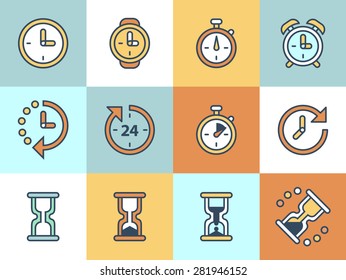 Time and Clock icons on color background. Vector illustration.