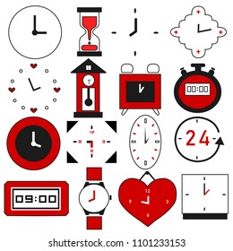 Time and clock icons on white background. Vector illustration.