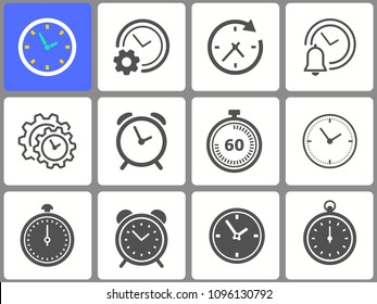 Time clock icons set. Alarm, stopwatch, timer, watch, etc.