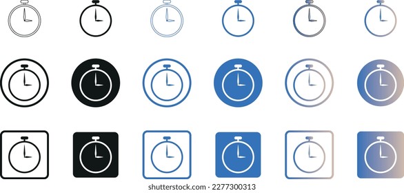 Time and Clock icons set. Analog clocks icon collection Circle, square, glyph, fill, lineal, blue, gradient style icon design for mobile app and website.