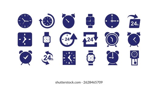 Time and clock icons set. black clock, stopwatch, timer, watch icon. Black clock icon collection