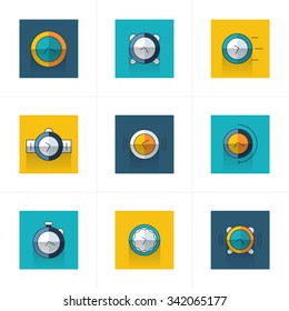 Time Clock Icons Set blue and yellow color