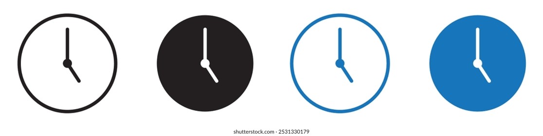 Time and clock icons set in flat style, timer symbol and watch later sign in filled, line, outline icons for UI apps and websites