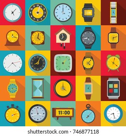 Time and clock icons set. Flat illustration of 25 time clock vector icons for web