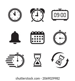 Iconos De Reloj De Tiempo Fijar Ilustración, Administración De Tiempo. Temporizador, velocidad, alarma, recuperación, administración de tiempo, calendario y más.