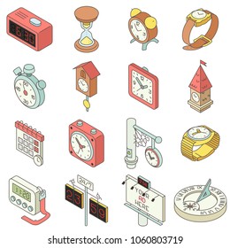 Time and clock icons set. Isometric illustration of 16 time and clock vector icons for web