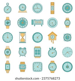 Iconos de hora y reloj establecidos. Ilustración de esquema de 25 iconos vectoriales de reloj de tiempo color de línea delgada plano sobre blanco