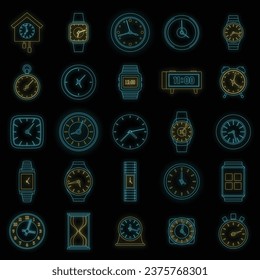 Time and clock icons set. Outline illustration of 25 time clock vector icons neon color on black