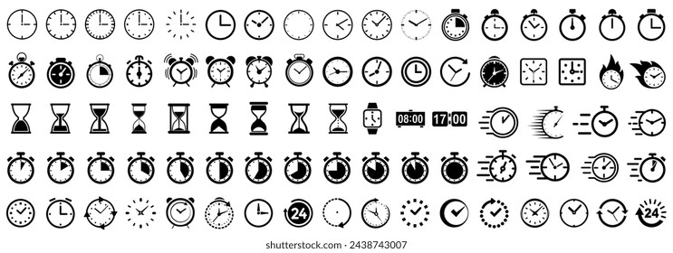 Uhrzeit und Uhr Icons Set, Stoppuhr, Timer,, Zeitmanagement-Konzept, schnelles Stoppuhr Line Icon, Uhr Icon, schwarze Uhr Zeichen Sammlung, Geschwindigkeit Uhr Symbol - Vektor