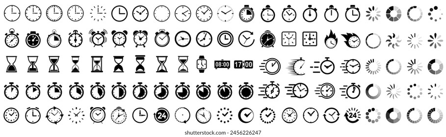 Time and clock icons set, stopwatch, timer, time management concept, loading bar icons, progress bar loading signs, download progress icons, fast stopwatch line icon, watch icon, speed clock symbol