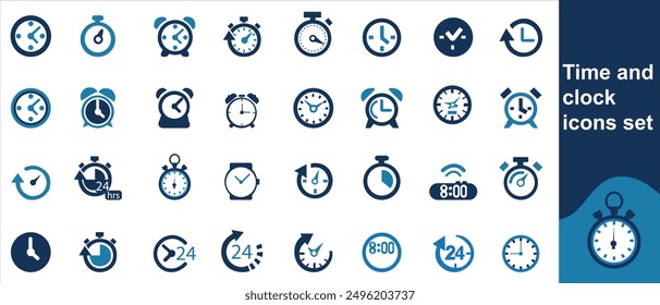 Zeit- und Uhrensymbole gesetzt, Stoppuhr, Timer, , Zeitmanagement-Konzept, schnelles Stoppuhr-Zeilensymbol, Uhrensymbol, schwarze Uhrensammlung, Uhrensymbol - Vektor 