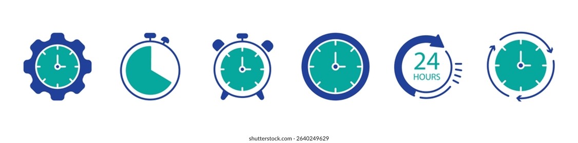 Time and clock icons set, stopwatch, timer, time management concept, progress bar loading signs, speed clock symbol, fast stopwatch line icon, watch icon