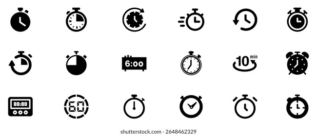 Ícones de tempo e relógio definido, cronômetro, temporizador, conceito de gerenciamento de tempo, sinais de carregamento da barra de progresso, símbolo de relógio de velocidade, ícone de linha cronômetro rápido, ícone de relógio. Ilustração de vetor.