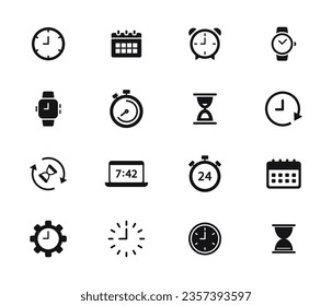 Time and Clock Icons set. Timer, watch, speed, calendar, alarm clock, date and time management. Editable stroke. Vector illustration.