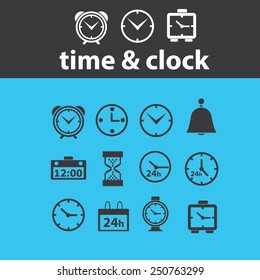 time, clock icons, signs, illustrations set, vector