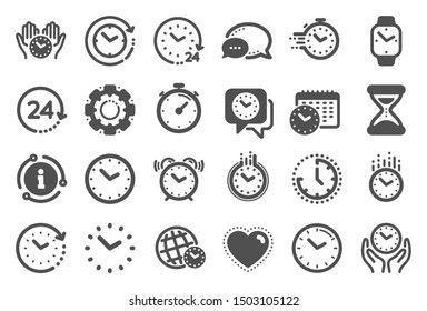 Time and clock icons. Timer, Alarm and Smartwatch. Time management, 24 hour clock, deadline alarm icons. Sand hourglass, calendar and digital smartwatch, timer stopwatch. Quality set. Vector