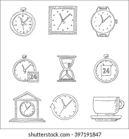 Time clock instruments with dial, coffee cup or mug, pointers and hourglass sketches
