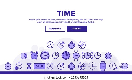 Time Clock Landing Web Page Header Banner Template Vector. Hourglass And Watch, Alarm-clock And Electronic Digital Clock Concept Illustration