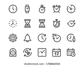 Time, Clock Line Icon. Minimal Vector Illustration. Included Simple Outline Icons as Watch, Stopwatch, Timer, Alarm, Calendar, Sand Hourglass. Editable Stroke. Pixel Perfect