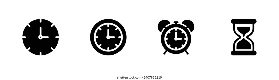 Juego de iconos de línea de tiempo y reloj. Inspección, temporizador, ilustración del vector de tiempo actual