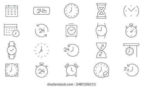 Time and clock line icon set. Clock, smart watch, fast shipping, wall clock, alarm, bell, person hour, timer, speed, restore, management, calendar, and watch outline icon collection.