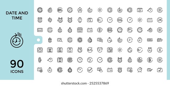 Tempo e relógio ícone de linha de relógio conjunto, gerenciamento, calendário, temporizador, velocidade, alarme, restaurar, símbolos mínimos para web e telefone celular - pixel de traço editável ilustração vetor perfeita.
