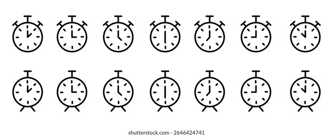Ícone de Linha do Horário e Relógio definido. Ícone de cronômetro, ícone de relógio de alarme, coleção de ícones de vetor de temporizador. histórico ou assistir a ilustração de vetor de sinal mais tarde.