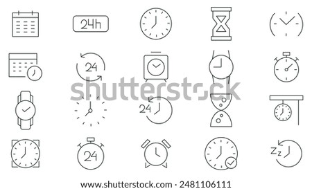 Time and clock line icon set. Clock, smart watch, fast shipping, wall clock, alarm, bell, person hour, timer, speed, restore, management, calendar, and watch outline icon collection.