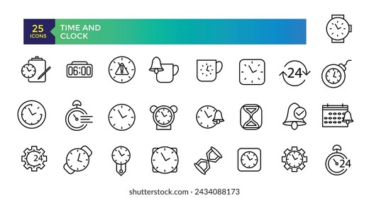 Zeit- und Uhrzeigersymbole über Ort, Uhrzeit und Datum. Enthält Symbole wie Uhr, Zeitplan, Kalender und PIN. Vektorgrafik.