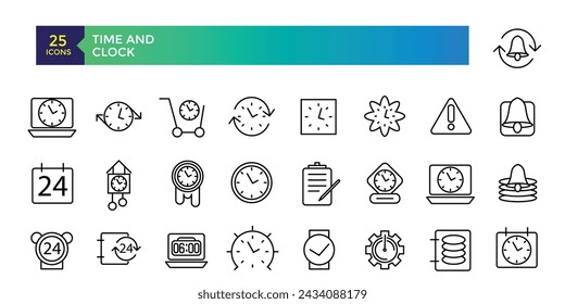 Time and Clock line icons about location, time and date. Contains such icons as clock, schedule, calendar and pin. Vector illustration.