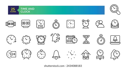 Iconos de hora y línea de reloj sobre ubicación, hora y fecha. Contiene iconos como el reloj, la programación, el calendario y el pin. Ilustración vectorial.