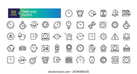 Iconos de hora y línea de reloj sobre ubicación, hora y fecha. Contiene iconos como el reloj, la programación, el calendario y el pin. Ilustración vectorial.