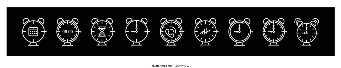 Time clock line icons  Alarm and Smartwatch Time  24 hour clock for design on black background.