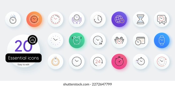 Symbole für Uhrzeiten und Uhren. Bicolor umreißt Web-Elemente. Timer, Alarm und intelligente Uhr. Zeitmanagement, 24-Stunden-Uhr, Terminalalarm-Symbole. Vektorgrafik