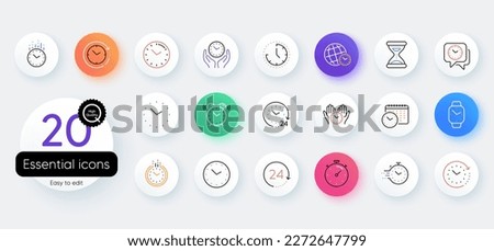 Time and clock line icons. Bicolor outline web elements. Timer, Alarm and Smartwatch. Time management, 24 hour clock, deadline alarm icons. Vector