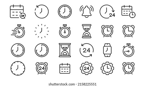 Iconos de línea de tiempo y reloj editables. Conjunto de iconos lineales del vector.