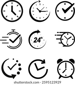 Time and Clock Line Icons. Editable Stroke. Pixel Perfect. For Mobile and Web. Contains such icons as 24 Hours, Alarm Clock,