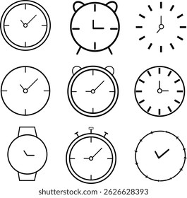 Time and Clock Line Icons. Editable Stroke. Pixel Perfect. For Mobile and Web. Collection of Various Clock and Watch Illustrations