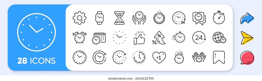 Time and clock line icons. Interest rate, AI generate, Inflation icons. Timer, Alarm and Smartwatch. Time management, 24 hour clock, deadline alarm icons. Vector