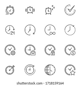 Conjunto de iconos de línea de tiempo y reloj, colección de símbolos de vector de esquema, paquete de pictogramas de estilo lineal. Señales, ilustración del logotipo. Set incluye iconos como fecha límite, cronómetro de cronómetro de cronómetro, reloj de alarma, hora mundial