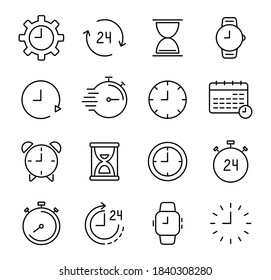 Time and clock line icons set. Calendar, timer, watch, speed, date and management.