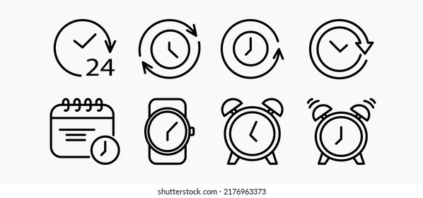 Symbole für Uhrzeiten und Uhren. Satz von Vektorlinearen Symbolen. Zeit - minimaler Thin-Line-Icon-Satz. Einfache Vektorgrafik. Das Set enthält acht Symbole.


